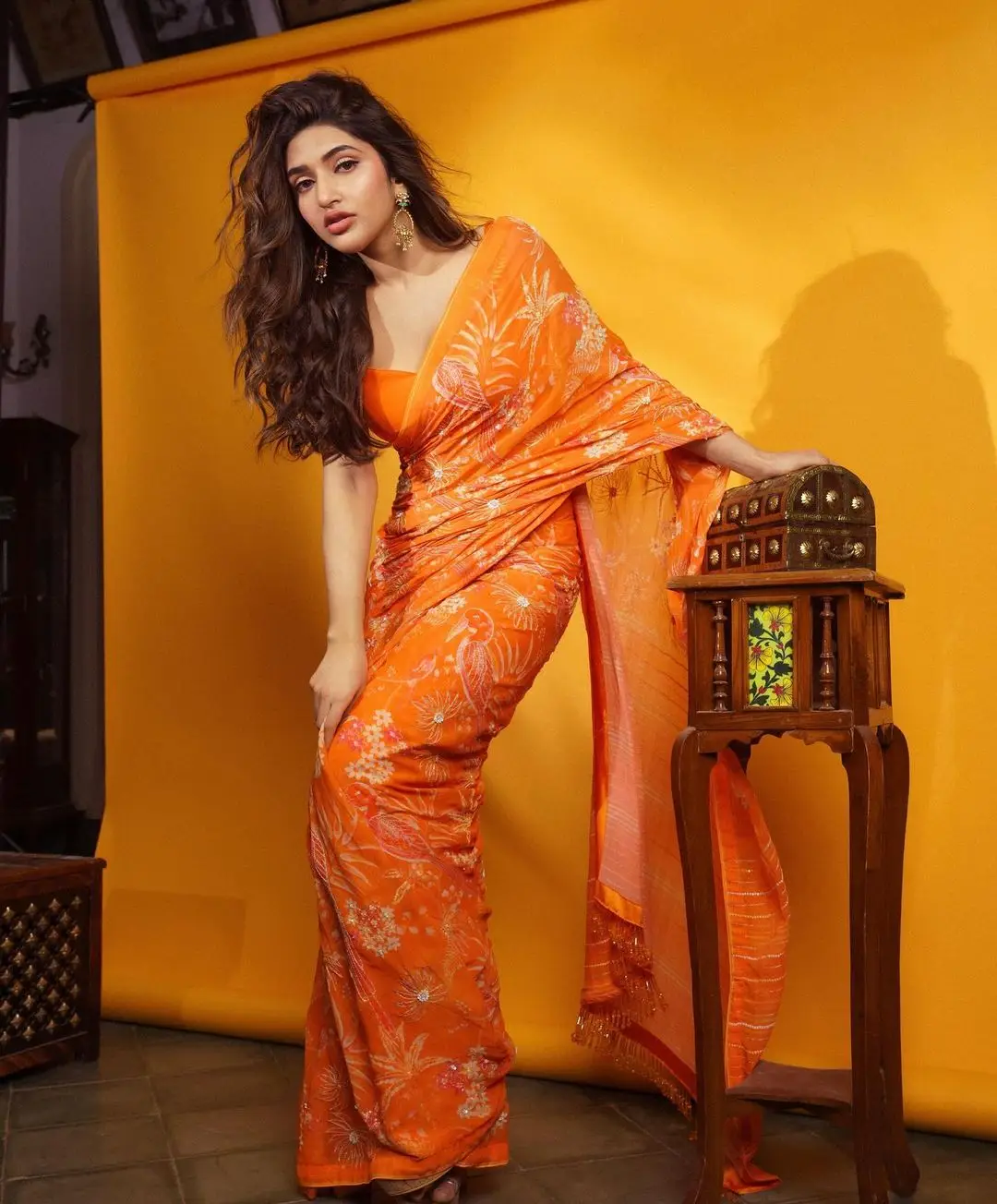 Tollywood Actress Sreeleela In Sleeveless Orange Saree